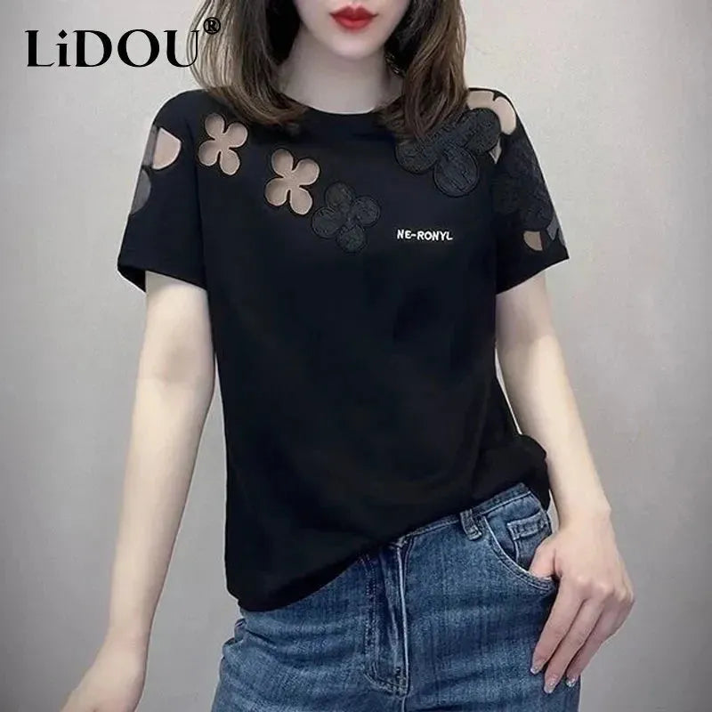 Summer New Fashion Elegant Loose Casual T-Shirts Women Solid Color Round Neck Sh Print Jacquard Patchwork