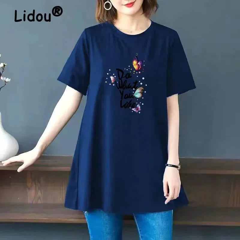 Women Summer Butterfly Floral Print Oversized Cotton T-shirt Fashion O Neck Shor Asymmetrical Pockets Print