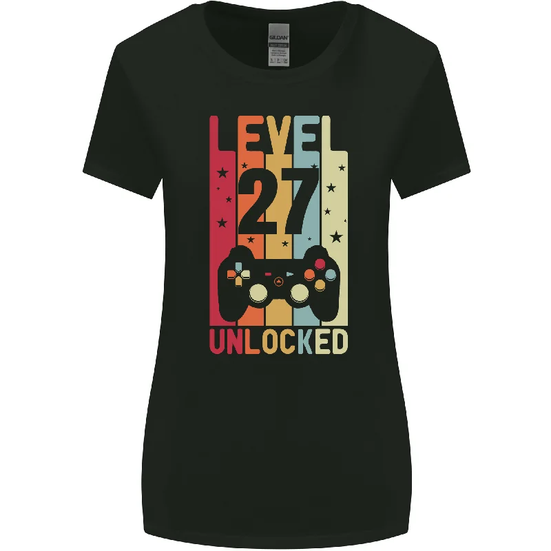 27th Birthday 27 Year Old Level Up Gaming Womens Wider Cut T-Shirt Hooded Caped Shawl Collar 27th Birthday 27 Year Old Level Up Gaming Womens Wider Cut T-Shirt Hooded Caped Shawl Collar