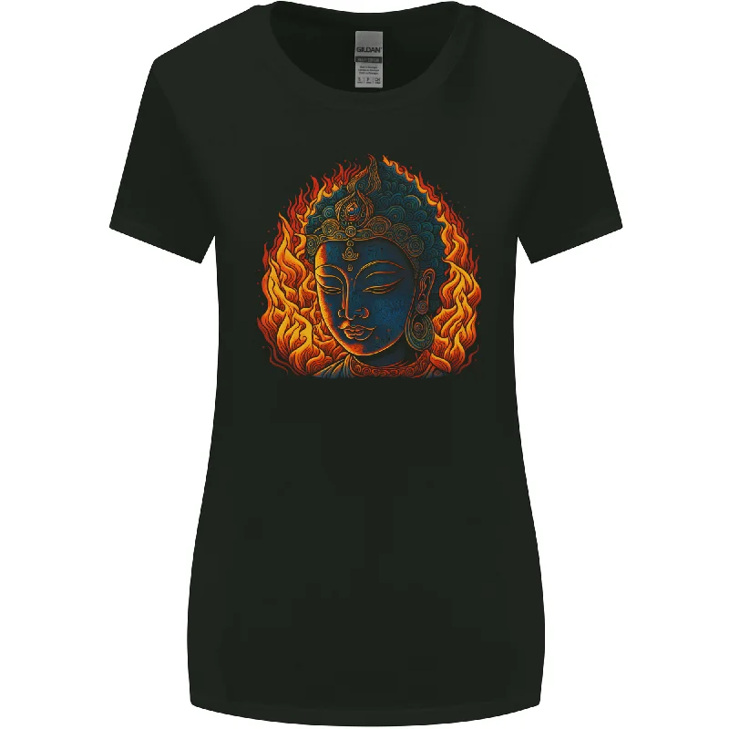 A Buddha Statue With Flames Womens Wider Cut T-Shirt Front Pockets Side Pockets Patch Pockets