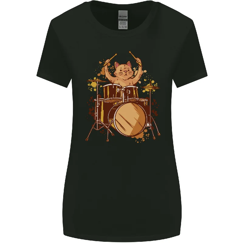 A Cat Drummer Drumming Womens Wider Cut T-Shirt Ribbed Striped Patterned