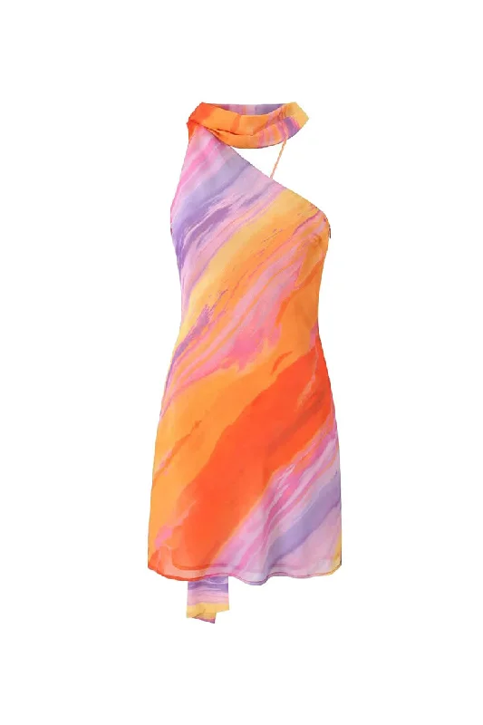 Asymmetric Ombré Print Scarf Halter Backless Beach Vacation Mini Dress Fashionable Mini Dress with Slits Asymmetric Ombré Print Scarf Halter Backless Beach Vacation Mini Dress Fashionable Mini Dress with Slits