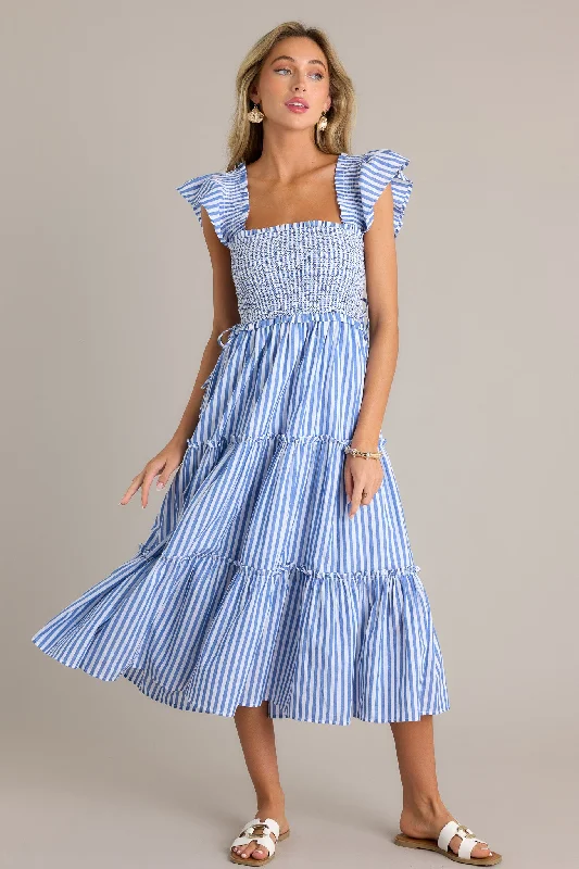 Bayside Stroll 100% Cotton Blue Stripe Smocked Midi Dress Stylish Vintage Midi Dress