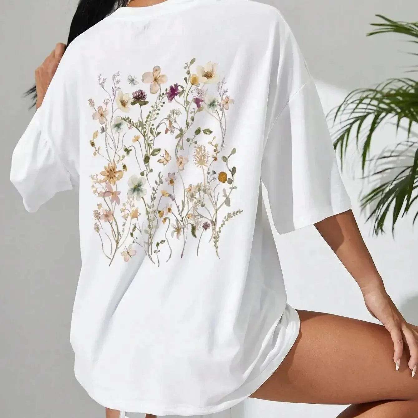 Beautiful flower clusters Print Cotton Women T-Shirts Casual Breathable Soft Sho Beaded Sequined Faux Fur