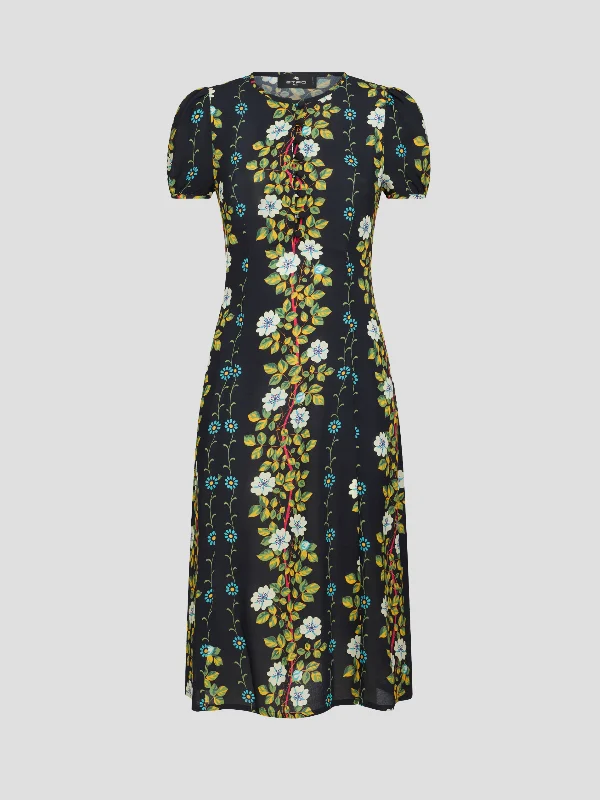 Black Floral Print Short Sleeve Midi Dress Fashionable High-Low Midi Dress