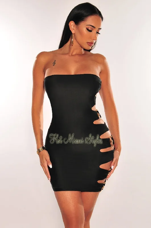 Black Gold Ring Strapless Cut Out Mini Dress Chic Bohemian Mini Dress