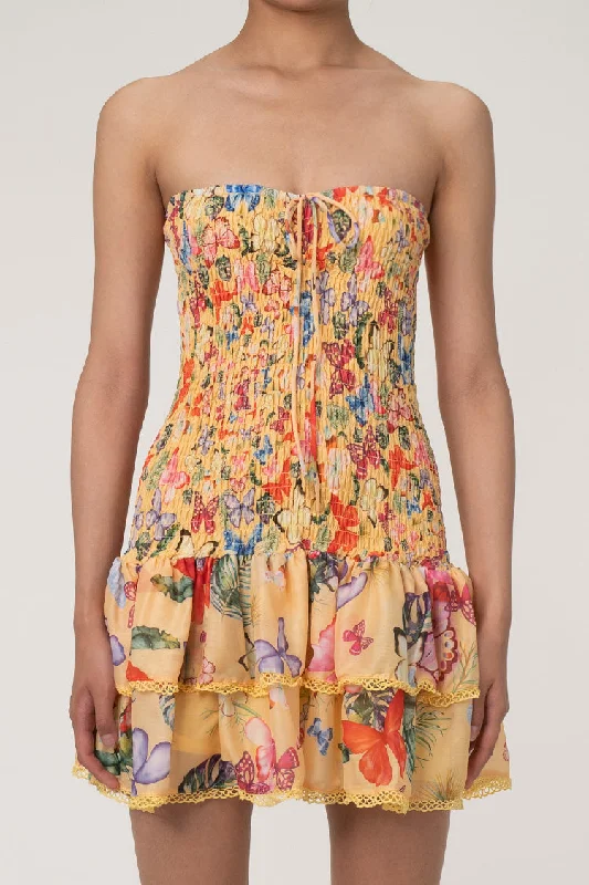 Boho Butterfly Print Bow Tie Strapless Smocked Scallop Tiered Ruffle Mini Dress Elegant Floral-Print Mini Dress Boho Butterfly Print Bow Tie Strapless Smocked Scallop Tiered Ruffle Mini Dress Elegant Floral-Print Mini Dress