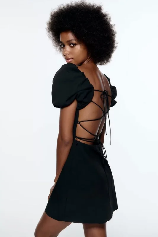 Breezy Ruched Square Neck Puff Sleeve Lace Up Back Party Mini Dress - Black Trendy Tulle Mini Dress Breezy Ruched Square Neck Puff Sleeve Lace Up Back Party Mini Dress - Black Trendy Tulle Mini Dress
