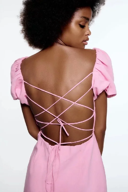 Breezy Ruched Square Neck Puff Sleeve Lace Up Back Party Mini Dress - Pink Chic Puff Sleeve Mini Dress Breezy Ruched Square Neck Puff Sleeve Lace Up Back Party Mini Dress - Pink Chic Puff Sleeve Mini Dress