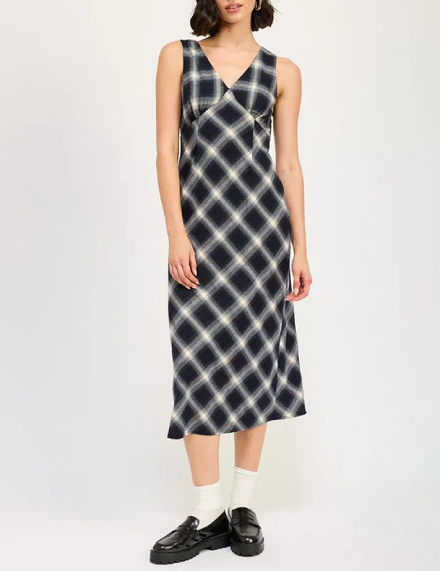Bria Bias Cut Plaid Midi Dress Fashionable High-Low Midi Dress