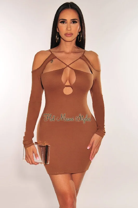 Caramel Cut Out CrissCross Long Sleeve Mini Dress Classic Floral Mini Dress