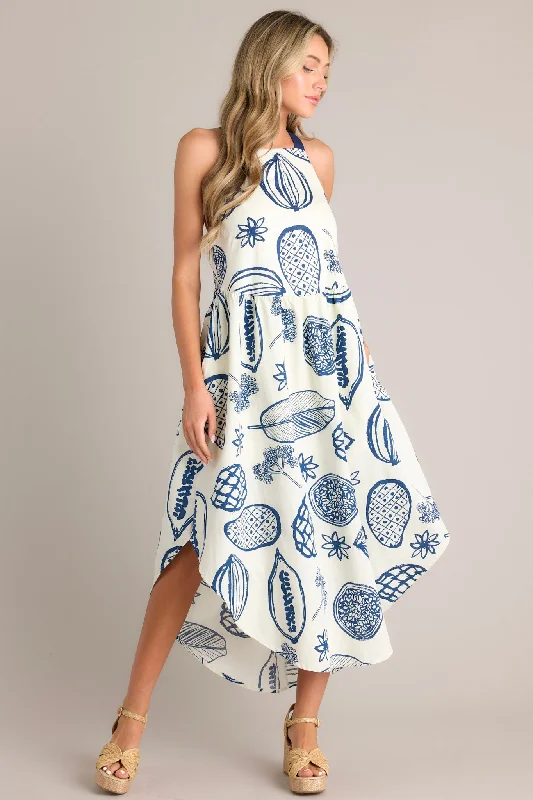 Caribbean Bliss Navy Tropical Print Midi Dress Comfortable Denim Midi Dress