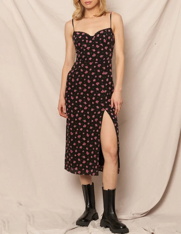 Carmela Black Floral Lace-Up Midi Dress Stylish Wraparound Midi Dress