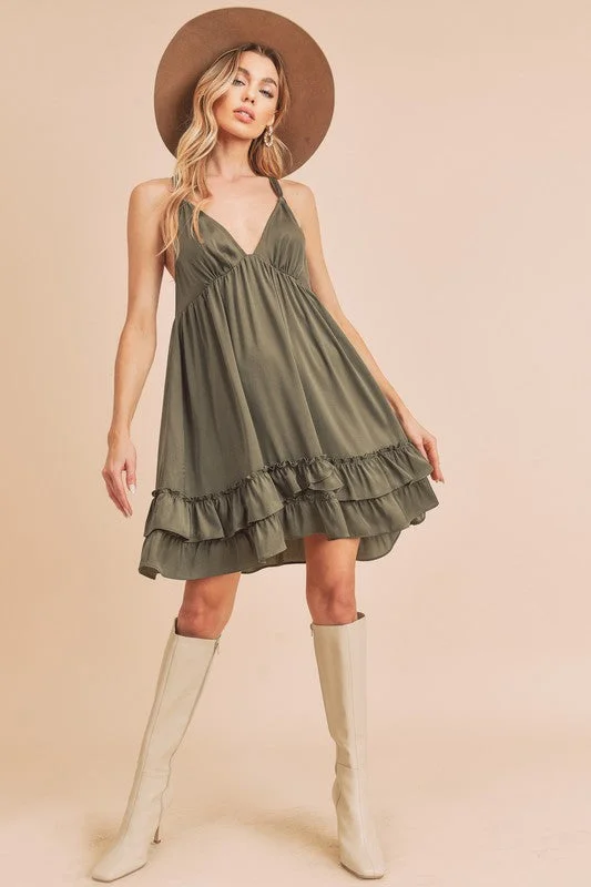 Sonia - Olive Green Tiered Ruffled Hem Flirty Slip Mini Dress Stylish Spaghetti Strap Mini Dress Sonia - Olive Green Tiered Ruffled Hem Flirty Slip Mini Dress Stylish Spaghetti Strap Mini Dress