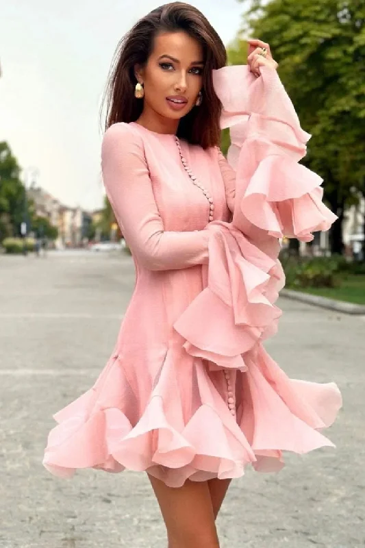 Cute Crew Neck Button Trim Ruffle Bell Sleeve Godet Party Mini Dress Casual V-Neck Mini Dress Cute Crew Neck Button Trim Ruffle Bell Sleeve Godet Party Mini Dress Casual V-Neck Mini Dress
