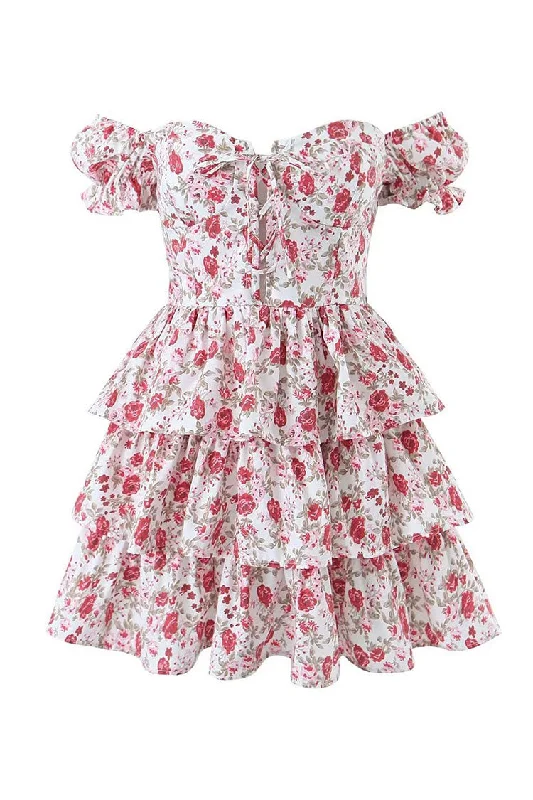 Cute Rose Printed Lace Up Front Puff Sleeve Layered Ruffle Party Mini Dress Fashionable A-Line Mini Dress Cute Rose Printed Lace Up Front Puff Sleeve Layered Ruffle Party Mini Dress Fashionable A-Line Mini Dress