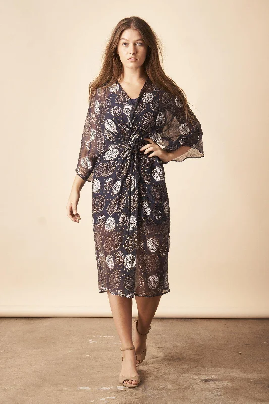 Dancing Umbrellas Twisted Midi Dress in Navy + Metallic Stylish Button-Up Midi Dress