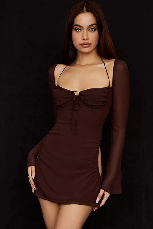 Darling Halter Neck Long Sleeve Cutout Club Mini Dress - Chocolate Trendy Mesh Mini Dress Darling Halter Neck Long Sleeve Cutout Club Mini Dress - Chocolate Trendy Mesh Mini Dress