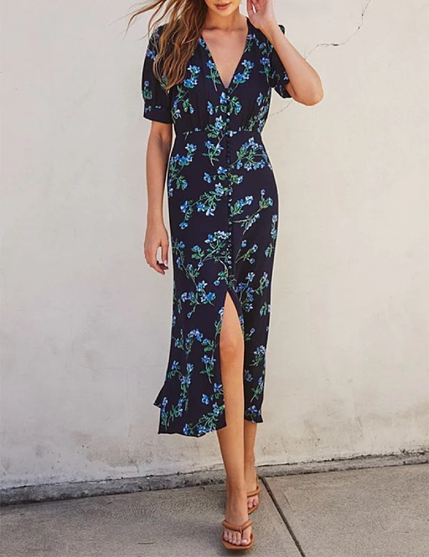 Della Black Floral Midi Dress Chic Bohemian Midi Dress