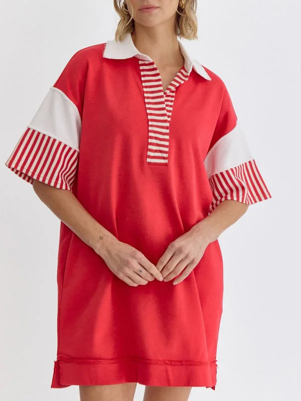 Emma's Cotton Striped Solid Color Polo Lapel Loose T-Shirt Mini Dress Graphic Embroidered Appliqued Emma's Cotton Striped Solid Color Polo Lapel Loose T-Shirt Mini Dress Graphic Embroidered Appliqued