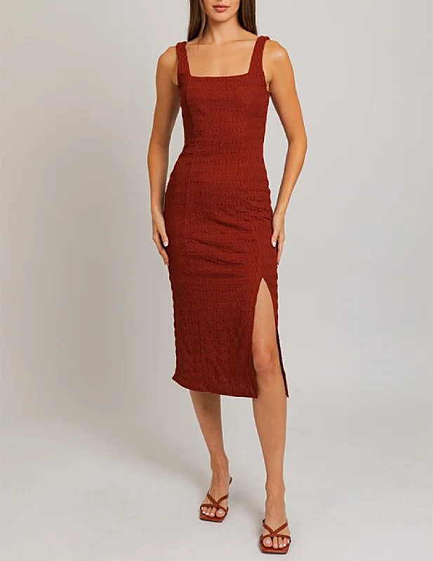Farrah Red Clay Textured Midi Dress Elegant Floral Appliqué Midi Dress