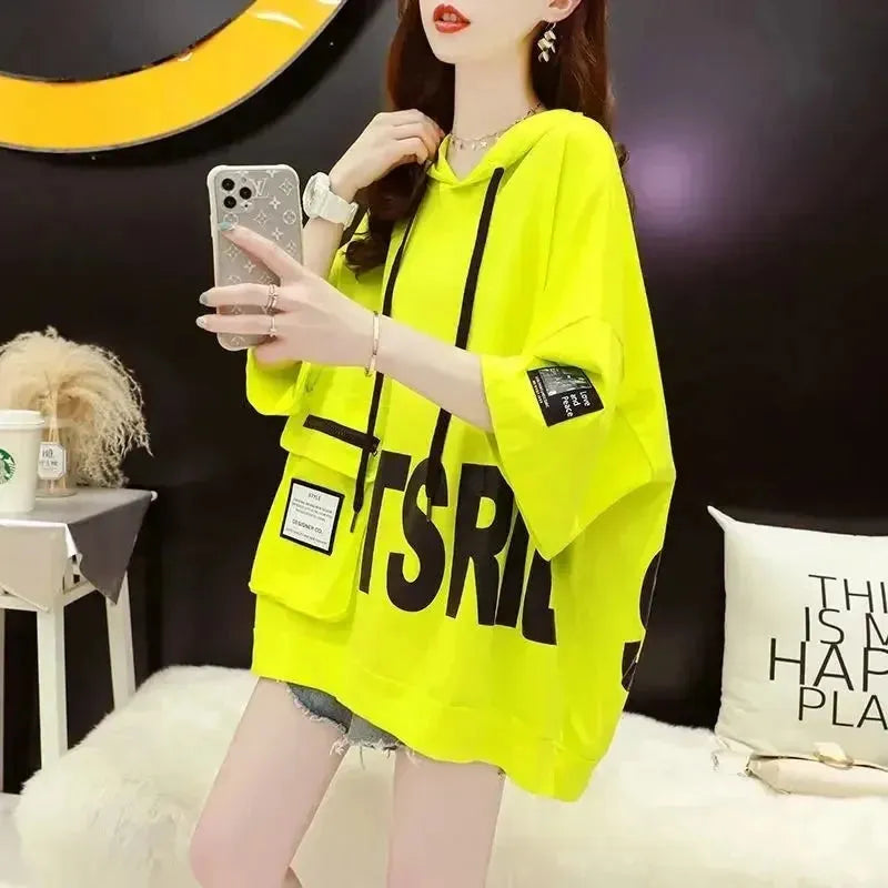 Fashion Printed Spliced Lace Up Hooded T-Shirt Female Clothing Spring Summer Ove Iron Safe Non-Iron Wrinkle Free