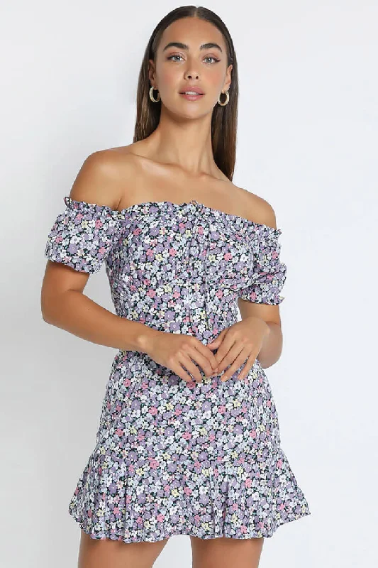 Floral Print Short Sleeve Tie Front Ruffle Mini Dress - Purple Fashionable Summer Mini Dress Floral Print Short Sleeve Tie Front Ruffle Mini Dress - Purple Fashionable Summer Mini Dress