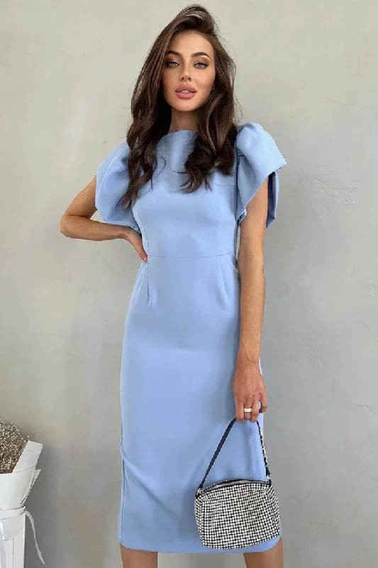 French Crew Neck Puff Sleeve Split Bodycon Cocktail Party Midi Dress - Blue Trendy Boho Midi Dress French Crew Neck Puff Sleeve Split Bodycon Cocktail Party Midi Dress - Blue Trendy Boho Midi Dress