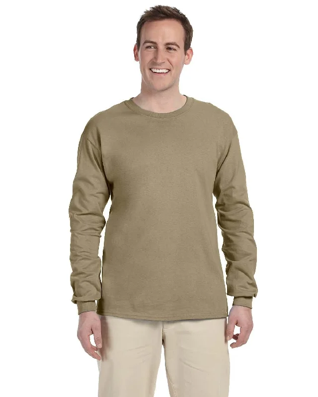 Fruit of the Loom Lightweight Long Sleeve T-Shirt | Khaki Solid Print Embellished