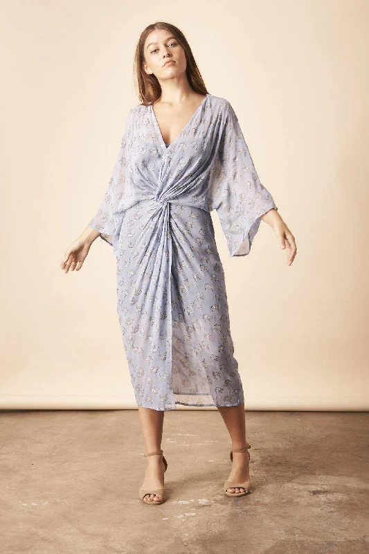 Ginkgo Leaf Twisted Midi Dress in Ice Blue + Silver Cozy Midi Dress with Pockets