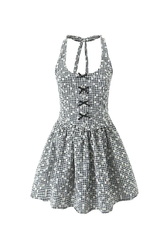 Girlish Bow Trim Floral Embroidered Gingham Print Smocked Halter Party Mini Dress Trendy Off-Shoulder Dress Mini Girlish Bow Trim Floral Embroidered Gingham Print Smocked Halter Party Mini Dress Trendy Off-Shoulder Dress Mini