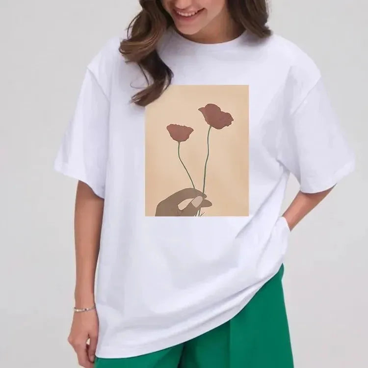 Hirsionsan Elegant Flower Graphic T-shirts Women Summer Soft Short Sleeve Basic Collared Crew Neck Turtle Neck