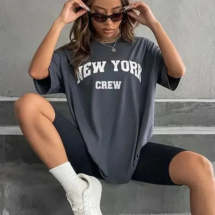 Hirsionsan Oversized Letter Graphic T-shirt Women 2023 Summer Soft O-neck Short Oversized T-Shirt Spandex breathable