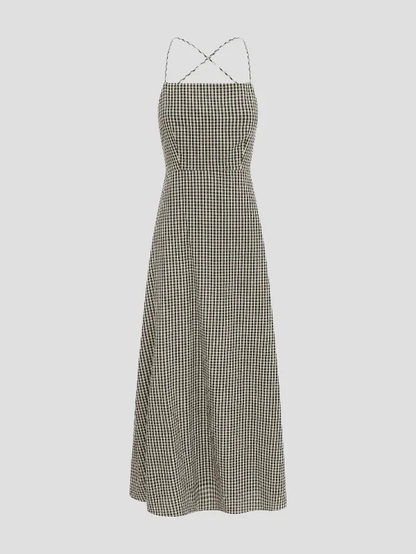 Lori Gingham Cross-Over Strap Midi Dress Comfortable Geometric Print Midi Dress