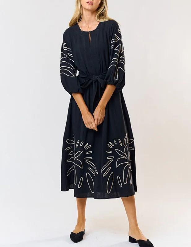 Lucia Embroidered Black Midi Dress Trendy Square Neck Midi Dress