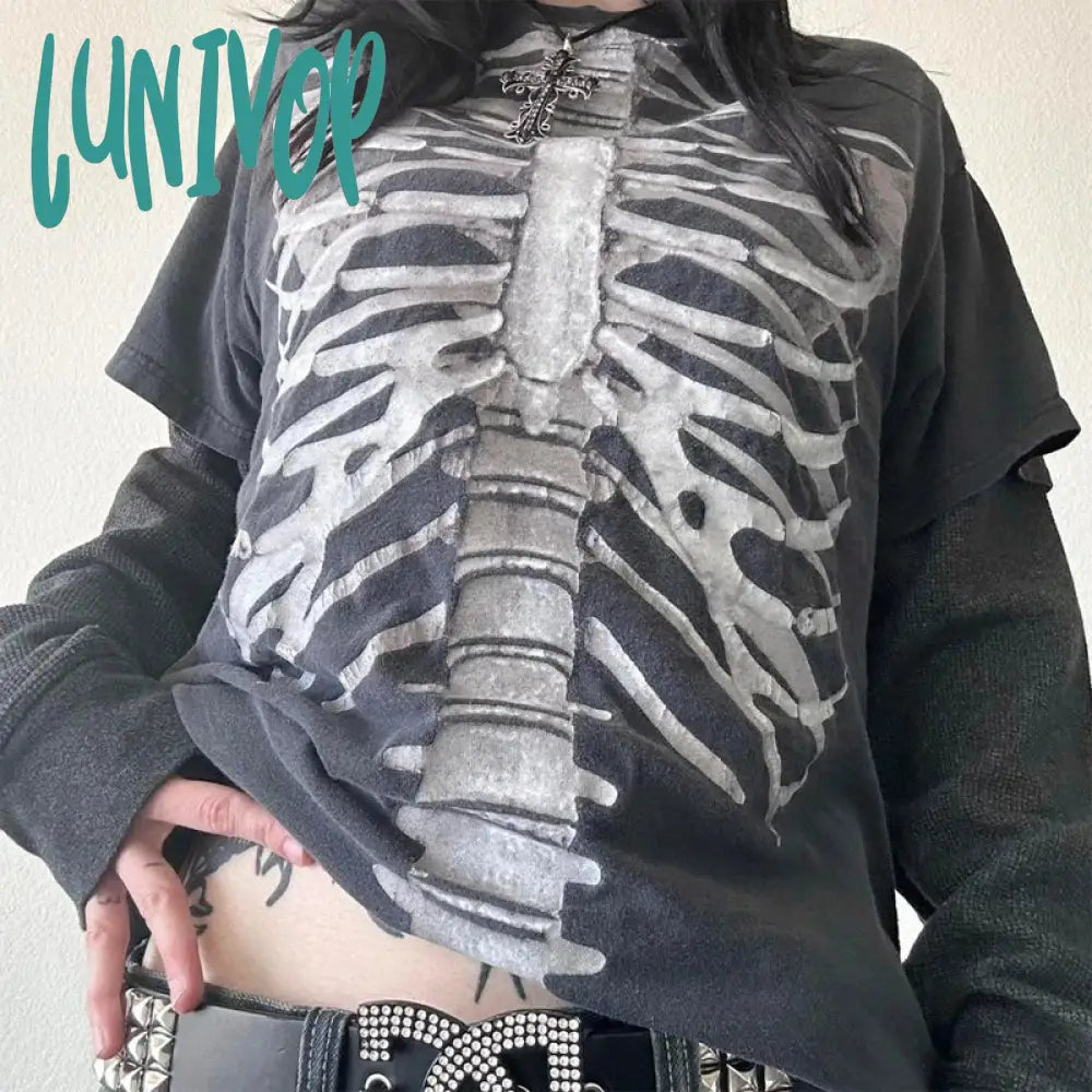 Lunivop 2000s Retro E-girl Gothic Skull Cute Tops Y2K Grunge Cyber Layered Sleeve T-shirt 90s Vintage Mall Goth Harajuku Pullovers Tees Front Pockets Side Pockets Patch Pockets