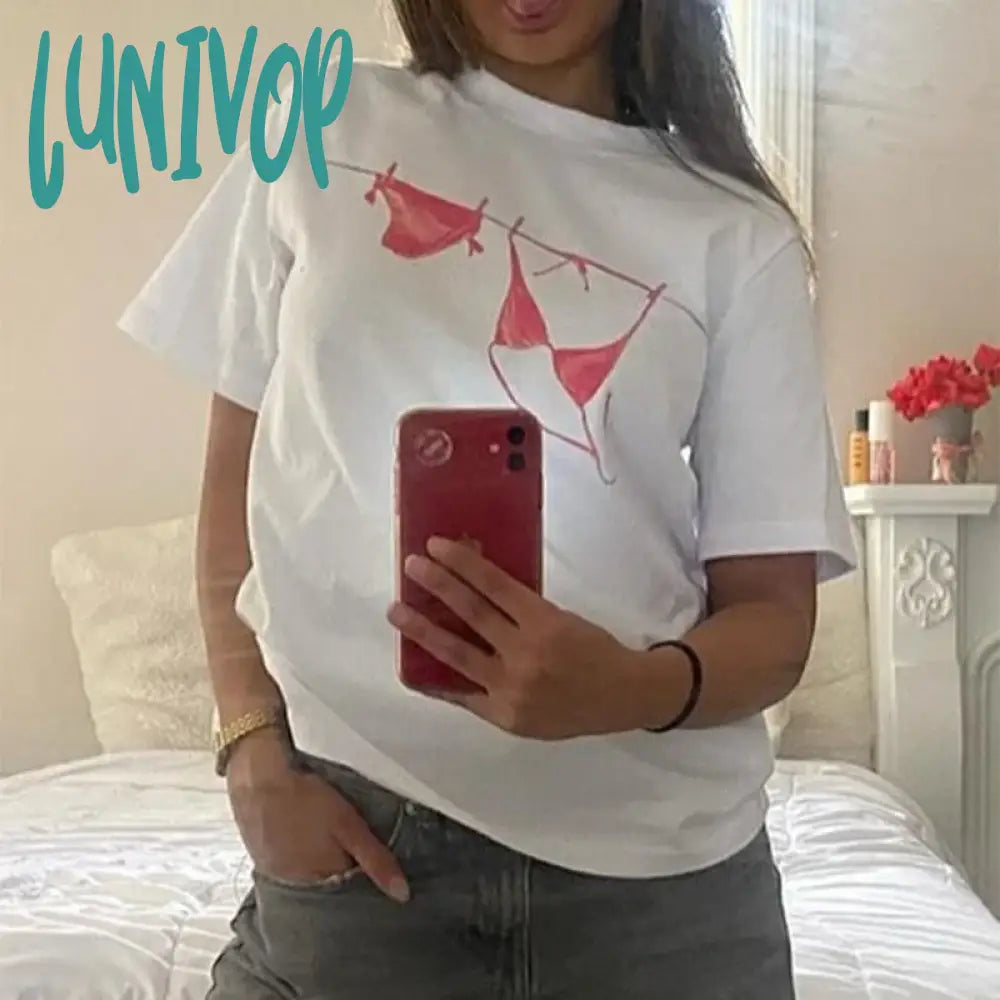 Lunivop Aesthetic Outfits Women Short Sleeve Pullovers Tops Fashion Graphic Print Loose Fit T-shirt Summer Casual Baggy Tees Y2K Clothes Houndstooth Herringbone Solid