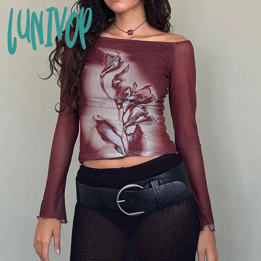 Lunivop Graphic Grunge Print Mesh Sheer T-shirt Women Coquette Off Shoulder Full Sleeve Tees Y2k Aesthetic Slim Fit Backless Crop Tops Polka Dot Checkered Tartan