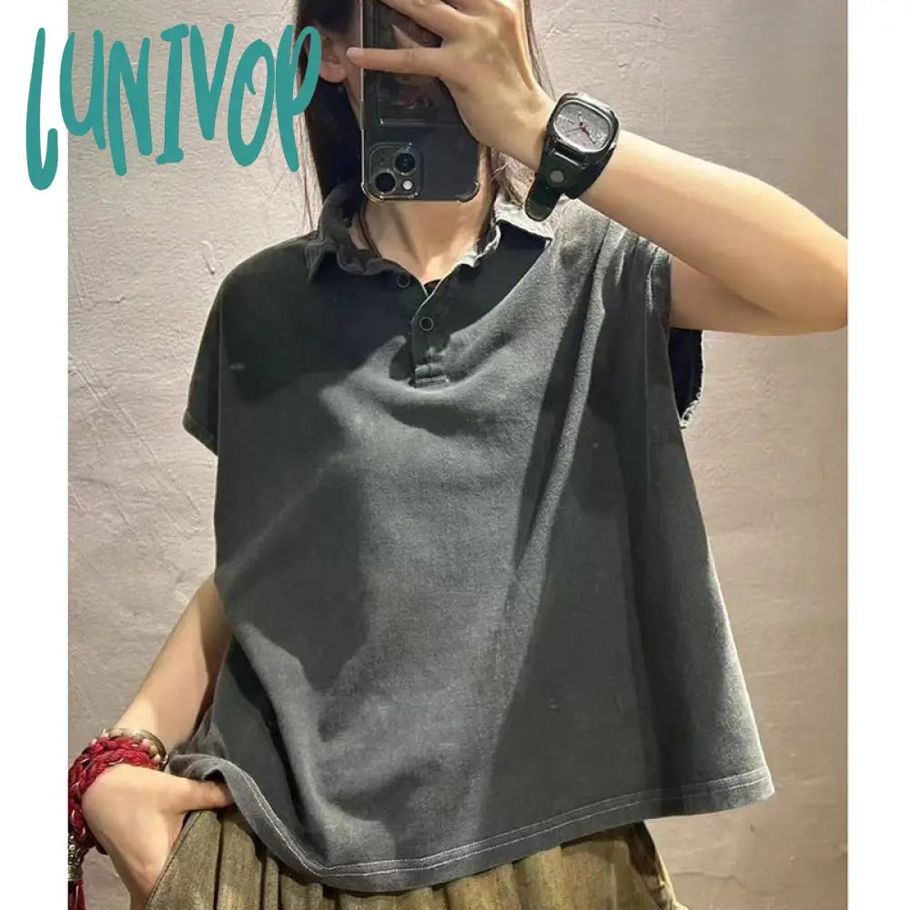 Lunivop outfit inspo 2024 Summer New Pure Color Simple Lapel Pullover Short-Sleeved T-shirt Women's Loose All-Match Casual Cotton Top Spandex Blend Rayon Blend Denim Blend