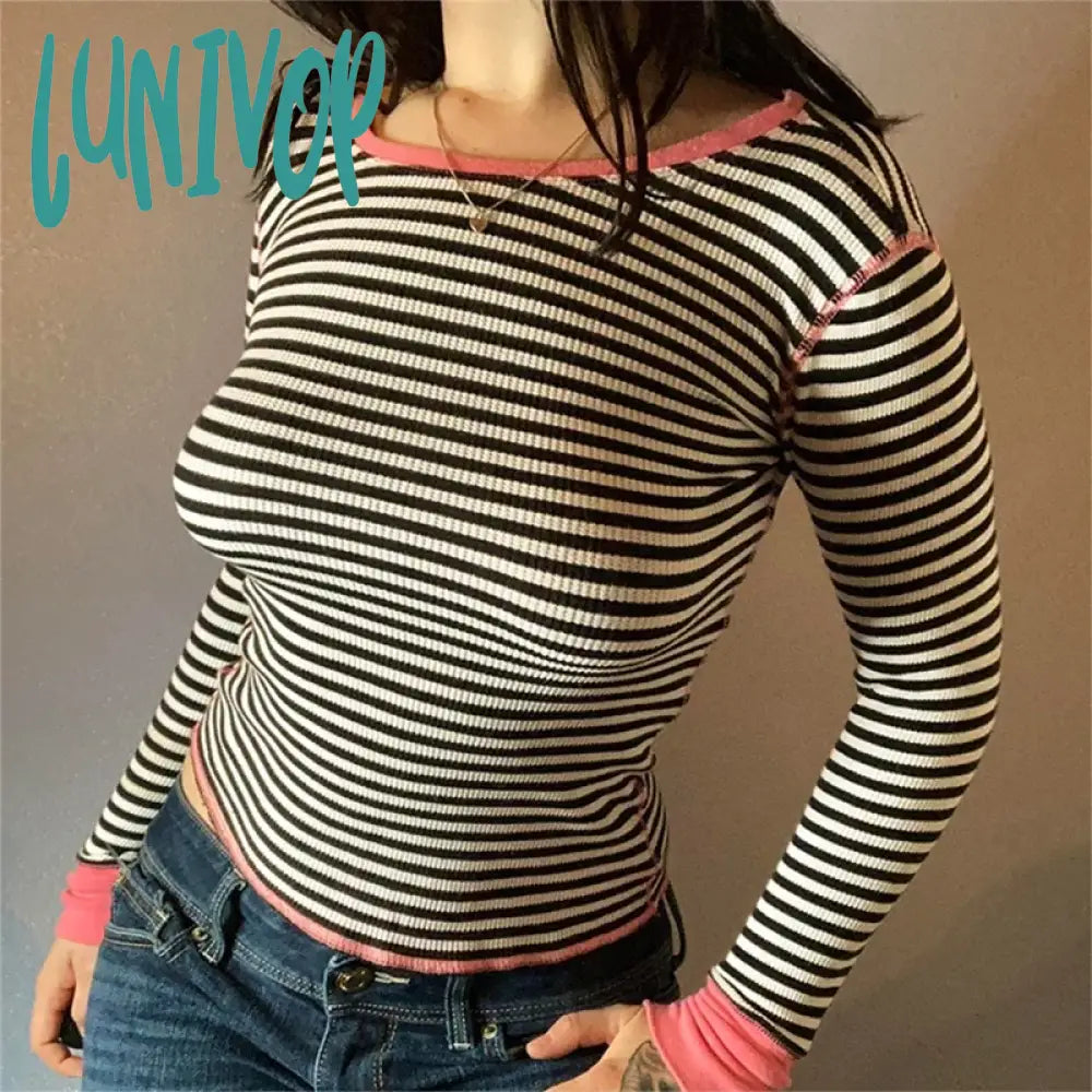 Lunivop Preppy Style Casual T-shirt Striped Print Patchwork Basic Sweats Tops Aesthetic Clothes Autumn Spring O Neck Crop Top Y2k Tees Collared Crew Neck Turtle Neck