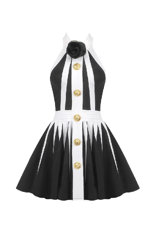 Luxury Black and White Bandage Godet Rosette Halter Skater Party Mini Dress Fashionable Party Mini Dress Luxury Black and White Bandage Godet Rosette Halter Skater Party Mini Dress Fashionable Party Mini Dress