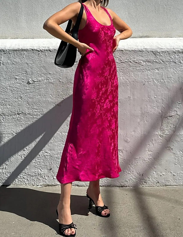 Market Fuchsia Jacquard Midi Dress Trendy Smocked Detail Midi Dress