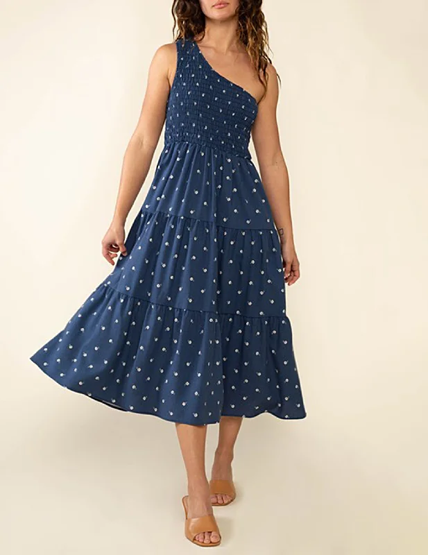 May One Shoulder Navy Floral Midi Dress Stylish Long Sleeve Floral Midi Dress