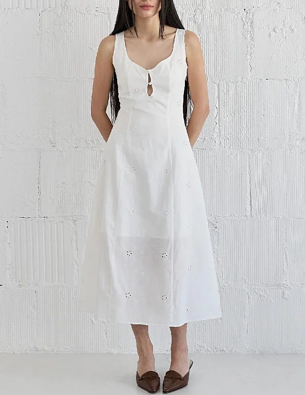 Miya Cotton Eyelette Midi Dress Comfortable Lace-Up Midi Dress