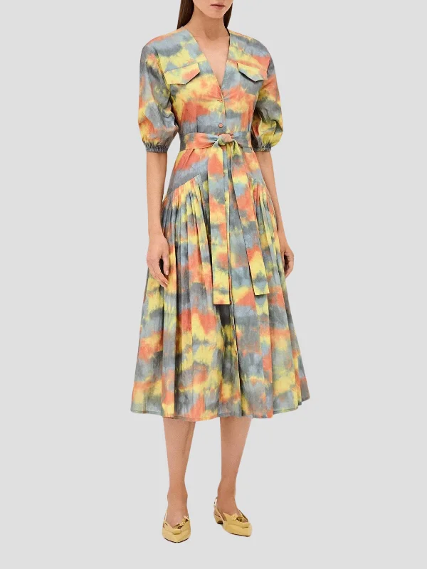Oasis Tie-Dye Midi Dress Stylish Long Sleeve Floral Midi Dress