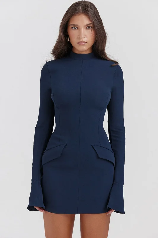 OL Mock Neck Bell Sleeve Flap Pocket Bodycon Party Mini Dress - Navy Blue Cozy Cowl Neck Mini Dress OL Mock Neck Bell Sleeve Flap Pocket Bodycon Party Mini Dress - Navy Blue Cozy Cowl Neck Mini Dress