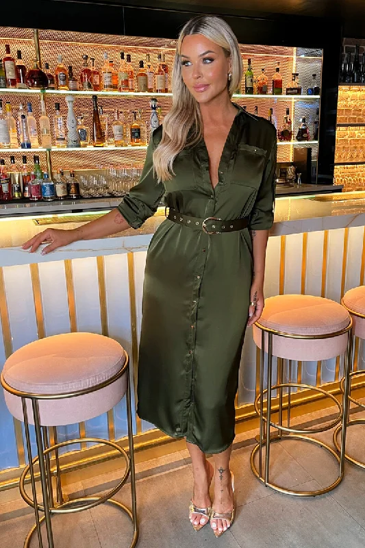 Olive Satin Belted 3/4 Sleeve Gold Buttons Shirt Midi Dress Stylish Vintage Midi Dress