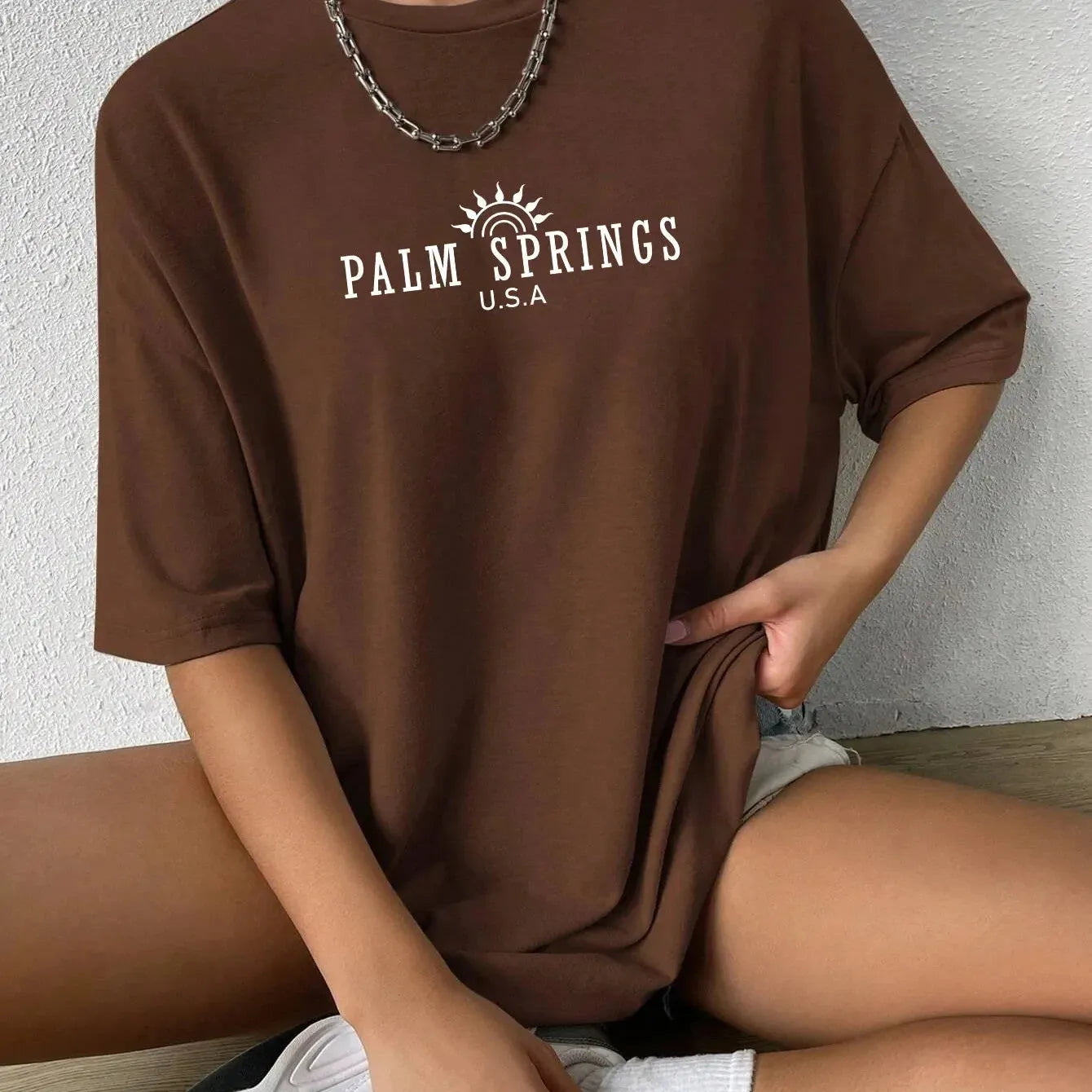 Palm Springs Letter Printing T-Shirts For Women Casual Cotton Tops Fashion Stree Houndstooth Herringbone Solid