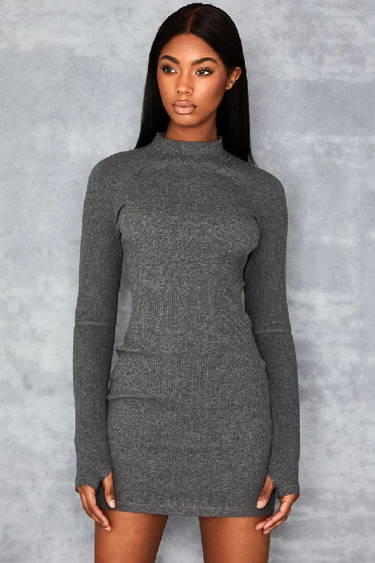 Ribbed High Neck Cut Out Long Sleeve Bodycon Mini Dress -Gray Elegant Satin Lace Mini Dress Ribbed High Neck Cut Out Long Sleeve Bodycon Mini Dress -Gray Elegant Satin Lace Mini Dress