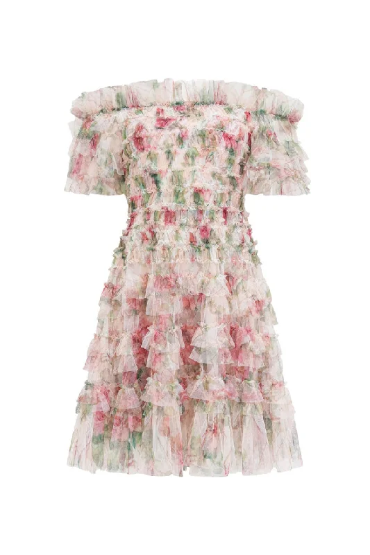 Romantic Floral Printed Off Shoulder Tulle Tiered Ruffle Party Mini Dress Trendy Tulle Mini Dress Romantic Floral Printed Off Shoulder Tulle Tiered Ruffle Party Mini Dress Trendy Tulle Mini Dress